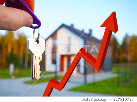 Graph with red arrow rising home prices or rising mortgage interest rates Real estate prices. Graph with red arrow rising home prices or rising mortgage interest rates Real estate prices. 137510753