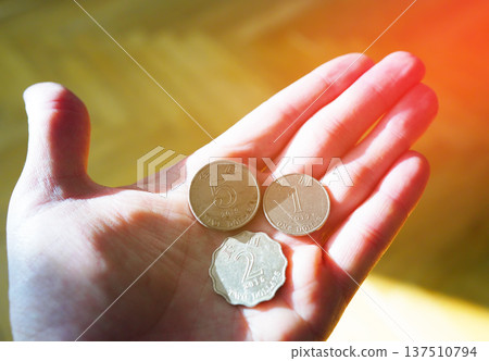 Coins of the Hong Kong dollar on hand. Hong Kong Money cash background Coins of the Hong Kong dollar on hand. Hong Kong Money cash background 137510794