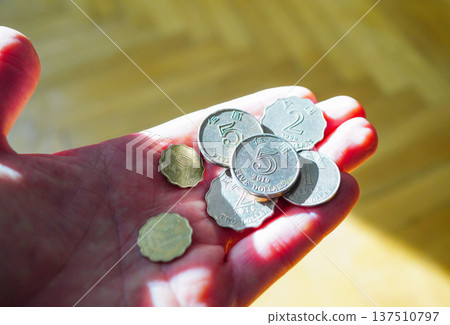 Coins of the Hong Kong dollar on hand. Hong Kong Money cash background 137510797