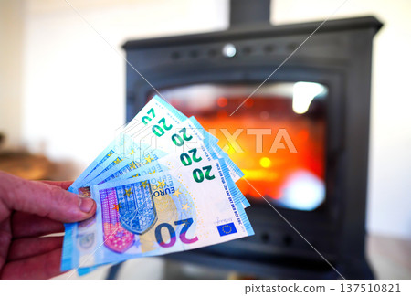 Heating payment. Save money wood stove. Euro money banknotes for payment of heating firewood 137510821