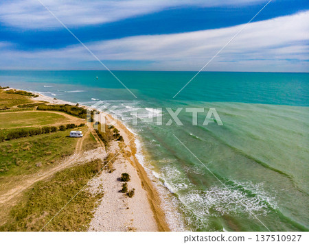 Caravan camping on coast. Aerial view Caravan camping on coast. Aerial view 137510927