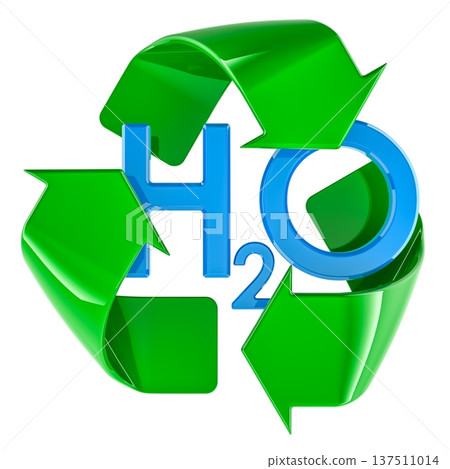 H2O water recycling symbol with green arrows, sustainable reuse concept. 3d rendering 137511014