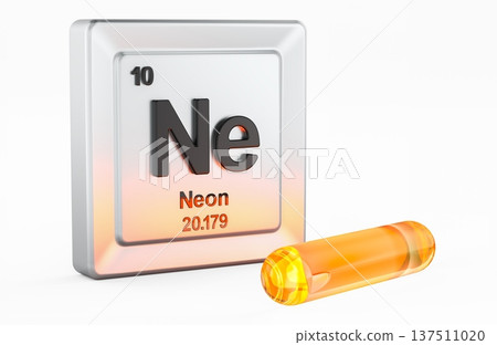 Neon element tile periodic table with neon in glowing tube, 3d rendering Neon element tile periodic table with neon in glowing tube, 3d rendering 137511020