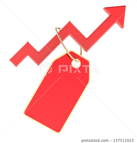 Rising price tag with upward arrow, inflation and cost increase concept. 3d rendering 137511023
