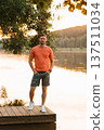 Casual Man Standing By The Lake Sunset 137511034