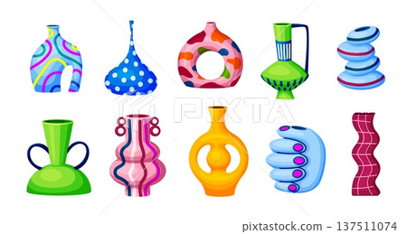 Modern ceramic vases. Clay glass vases flowers home interior decoration, handmade jug pottery abstract boho decor floral colored vessel urn jar pot qualitative vector illustration Modern ceramic vases. Clay glass vases flowers home interior decoration, handmade jug pottery abstract boho decor floral colored vessel urn jar pot qualitative vector illustration 137511074
