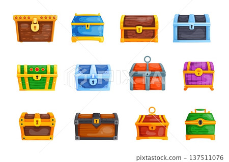 Cartoon treasure chests. Treasures chest, wooden box golden lock jewelry old safe gold trunk wood storage casket blue graphic set icon game interface, kicky vector illustration 137511076
