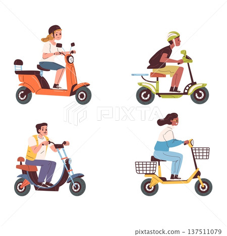 People sit scooter. Man woman ride on electric scooter, sitting on chair eco e transport for delivery or student drivers city urban modern vehicle, set classy vector illustration 137511079