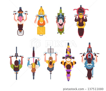 Riders top view. People above motorcycle or bicycle. Delivery man scooter woman on helmet bike rider overhead traffic road race aerial view motor biker, classy vector illustration 137511080