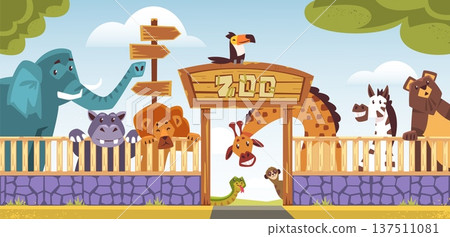 Zoo entrance. Zoology park entry gate, welcome arch with wild animals enclosure jungle tree nature garden cartoon landscape safari savanna animal scene, classy vector illustration 137511081