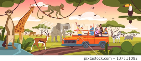 Safari tour. People tourists travel jeep car in africa, take selfie photo with african savanna wild animals jungle nature landscape scene zoo adventure, classy vector illustration Safari tour. People tourists travel jeep car in africa, take selfie photo with african savanna wild animals jungle nature landscape scene zoo adventure, classy vector illustration 137511082