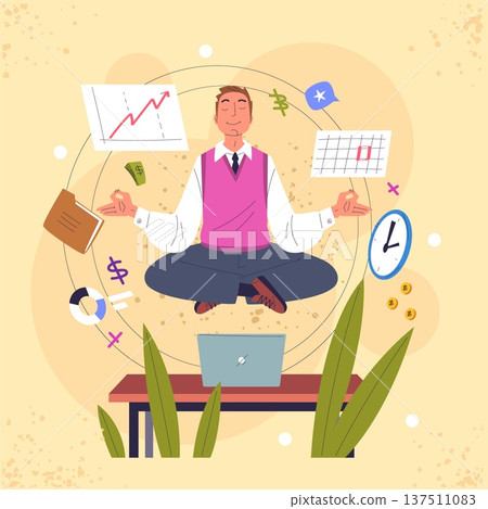 Office relax meditation. Employee relax meditate workplace, calm person yoga pose computer desk wellness work stress relief corporate business wellbeing, classy vector illustration 137511083