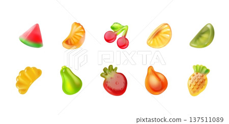 Jelly fruit candy. Realistic gummy candies, 3d glossy fruits supplement sugar sweet set, cherry strawberry lemon pineapple orange watermelon mix figure, exact vector illustration 137511089