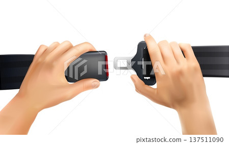 Hands seat belts. Realistic hand fastening seatbelt buckle, unlocking safety belt car airplane passenger road traffic security safe drive fasteners, 3d exact vector illustration 137511090