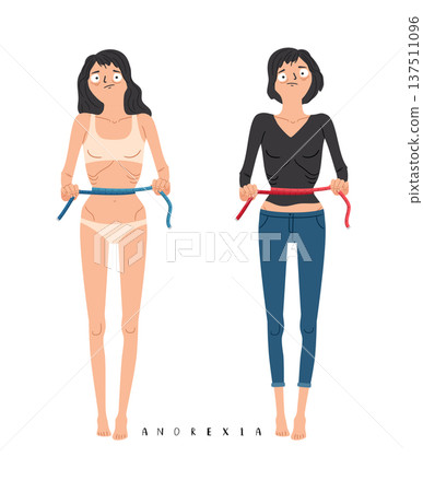 Very thin anorexia young woman with tape measure on her waist Very thin anorexia young woman with tape measure on her waist 137511096