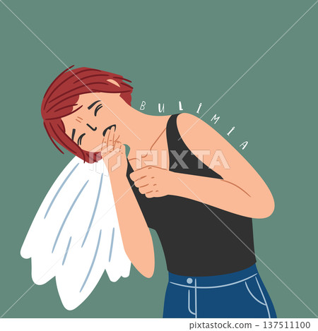 Sick young girl suffering from bulimia makes herself vomit with two fingers Sick young girl suffering from bulimia makes herself vomit with two fingers 137511100