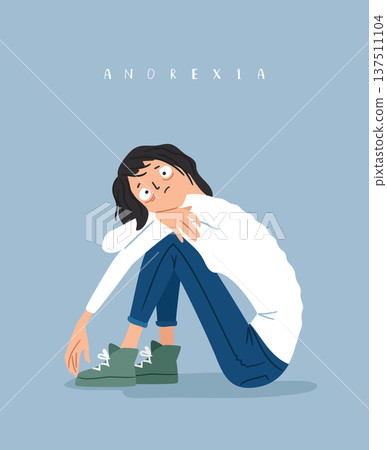Sad thin anorexia girl vector illustration. Extreme weight loss due to an eating disorder 137511104