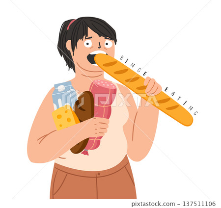 Overweight woman in an attack of compulsive overeating. Binge eating vector illustration of weight loss 137511106