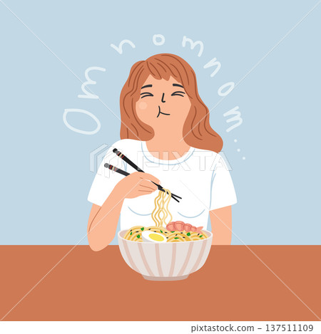Happy woman with mouth full of food eating noodles for lunch Happy woman with mouth full of food eating noodles for lunch 137511109