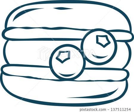 Blue sketch of a macaroon with icing and fresh blueberry garnish. Simple vector of berry French cookies for recipe cards or patisserie identity 137511254