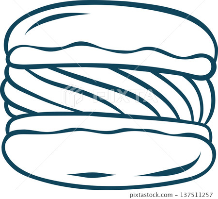 Doodle style macaron with Mediterranean blue outline. Clean hand-drawn vector of French almond cookie for dessert menus or bakery marketing Doodle style macaron with Mediterranean blue outline. Clean hand-drawn vector of French almond cookie for dessert menus or bakery marketing 137511257