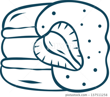 Mediterranean blue line doodle of a macaroon topped with icing and strawberries. Minimalist berry French pastry icon for bakery logos or dessert packaging Mediterranean blue line doodle of a macaroon topped with icing and strawberries. Minimalist berry French pastry icon for bakery logos or dessert packaging 137511258