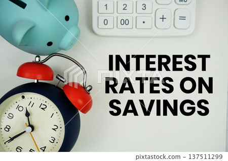 Interest Rates On Savings text written notepad with calculator, piggy bank and alarm clock on white background 137511299