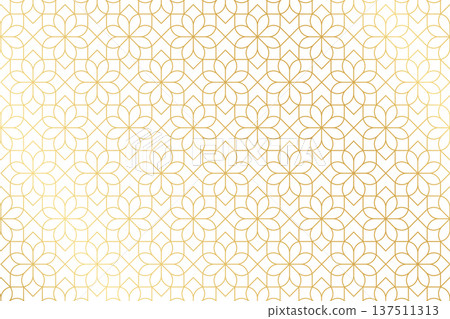Art deco pattern with repeated golden flower shapes on white background. Luxury floral print. Elegant minimalistic wallpaper. Arabian mosaic print. Golden abstract ornament. Vector illustration Art deco pattern with repeated golden flower shapes on white background. Luxury floral print. Elegant minimalistic wallpaper. Arabian mosaic print. Golden abstract ornament. Vector illustration 137511313