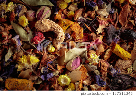 Mixture of dried medicinal herbs, flowers and roots. Mixture of dried medicinal herbs, flowers and roots. 137511345