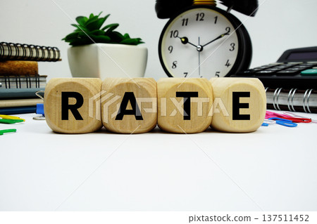 RATE alphabet letters with alarm clock and calculator on white background 137511452