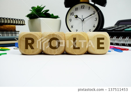 ROLE alphabet letters with alarm clock and calculator on white background ROLE alphabet letters with alarm clock and calculator on white background 137511453