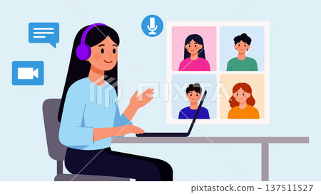 Woman wear headset lead video conference Woman wear headset lead video conference 137511527