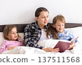 happy family. Close up loving mother lying with daughter son two kids pajamas in bed children reading interesting storybook, preschool smiling kid girl enjoy fairytale before go to sleep good pastime 137511568