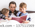 happy family. Close up loving mother lying with daughter son two kids pajamas in bed children reading interesting storybook, preschool smiling kid girl enjoy fairytale before go to sleep good pastime 137511569