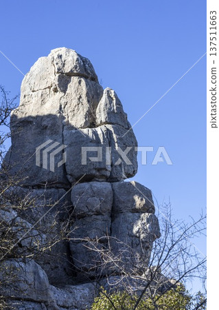 Explore the rock formations of El Torcal in Spain during a bright day with clear skies and stunning natural scenery 137511663