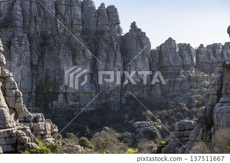 Exploring the rock formations and natural landscape at El Torcal in Spain during a clear day 137511667