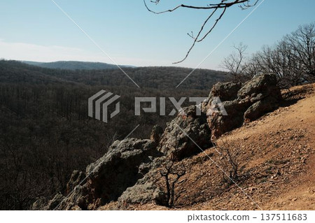 Rock formations at Orlove Stene viewpoint in Fruska Gora, Serbia overlooking a vast forest valley. Rugged terrain and clear sky highlight adventure and nature travel themes 137511683
