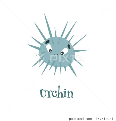 ABC. A card for learning English. letter U - urchin. Blue urchin on a white background. children cards ABC. A card for learning English. letter U - urchin. Blue urchin on a white background. children cards 137512021