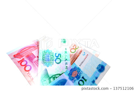 Chinese Yuan bill money background. China Yuan banknotes isolated on white background. China bill 137512106