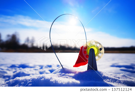 Ice fishing on frozen lake. Zherlitsa gear for winter fishing for predatory fish. Catching fish  137512124