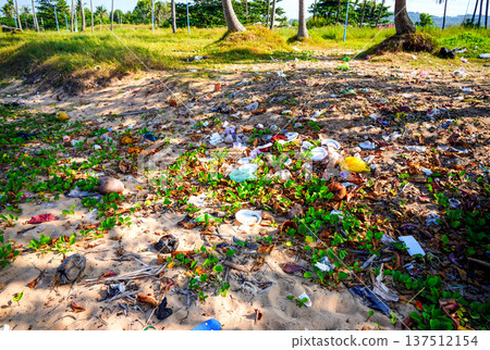 Trash on beach at sea. Garbage dump at ocean. Trash, debris on sea beach. Littered shore. Trash on beach at sea. Garbage dump at ocean. Trash, debris on sea beach. Littered shore. 137512154