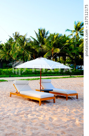 Tropical sand beach with palm trees on bright blue sky. Visitors relaxing on lounge chairs at sea Tropical sand beach with palm trees on bright blue sky. Visitors relaxing on lounge chairs at sea 137512175