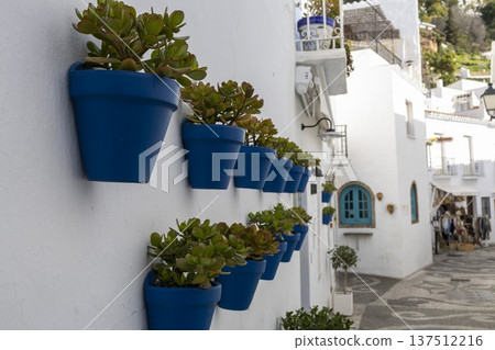 Beautiful blue pots with plants line the white walls of Frigiliana in Spain as people stroll through the streets during the day Beautiful blue pots with plants line the white walls of Frigiliana in Spain as people stroll through the streets during the day 137512216
