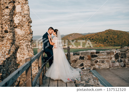 Full length shot of wedding couple hugging, standing outside near ruins. Full length shot of wedding couple hugging, standing outside near ruins. 137512320