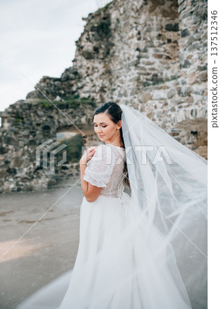 Stunning bride in a snow-white wedding dress with short sleeves. 137512346