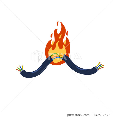 Broken wire fire, burning electric cable, short circuit damage hazard. Electrical cord flame danger, spark energy power accident. Broken wire fire industrial safety risk, ignite heat equipment. 137512478