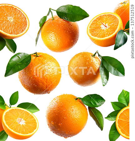 Whole and halved fresh oranges with green leaves, isolated on white background, concept of freshness and healthy food Whole and halved fresh oranges with green leaves, isolated on white background, concept of freshness and healthy food 137512519