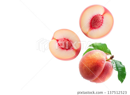 Whole and halved ripe peaches with green leaves and water droplets on white background, freshness and natural fruit concept Whole and halved ripe peaches with green leaves and water droplets on white background, freshness and natural fruit concept 137512523