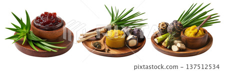 Pandanus fruit paste in wooden bowl with fresh pandanus leaves and fruit on wooden plate, isolated on white transparent background Pandanus fruit paste in wooden bowl with fresh pandanus leaves and fruit on wooden plate, isolated on white transparent background 137512534