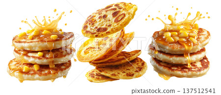 Cachapas sweet corn pancakes flying in air, isolated on white background, concept of South American cuisine Cachapas sweet corn pancakes flying in air, isolated on white background, concept of South American cuisine 137512541